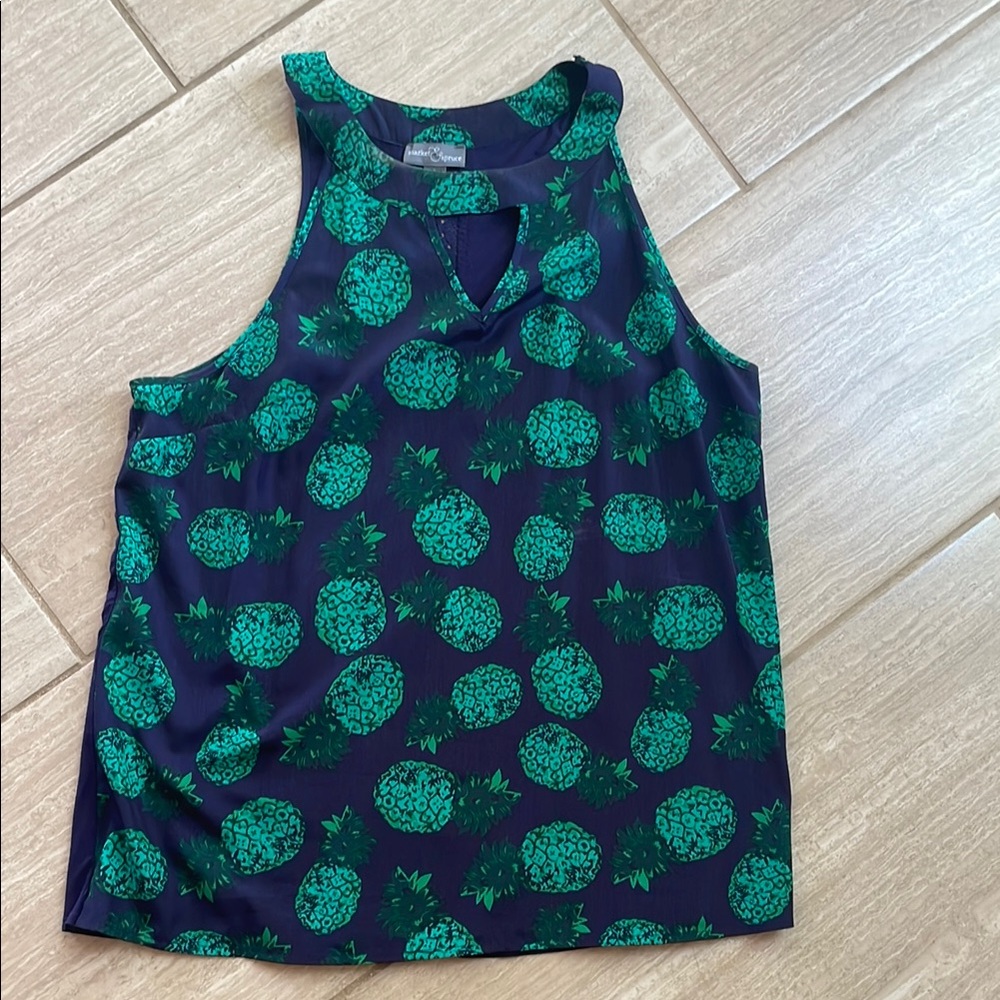 Market & Spruce Navy Sleeveless Top and Green Accents size large